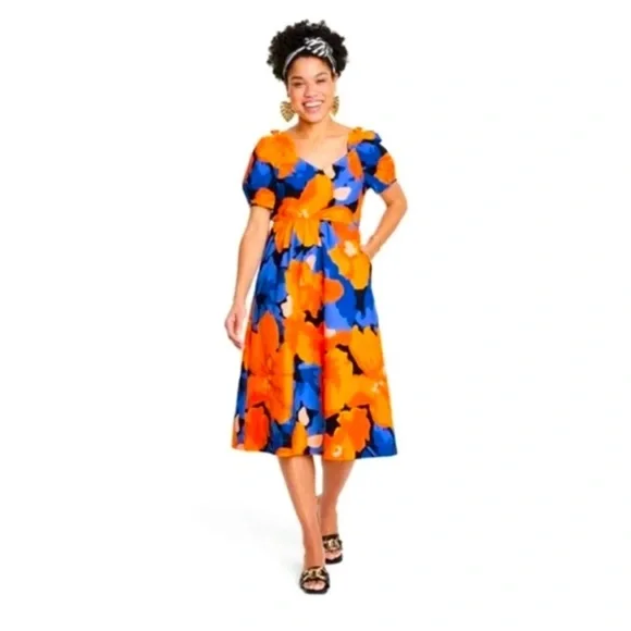 Women's Floral Print Puff Sleeve Tie-Back Midi Dress - Tabitha Brown for Target Orange/Blue 0 Women's Floral Print Puff Sleeve Tie-Back Midi Dress - Tabitha Brown for Target Orange/Blue 0